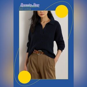 NWT Lauren Ralph Lauren Wool-Blend Polo Sweater Lauren Navy Size M